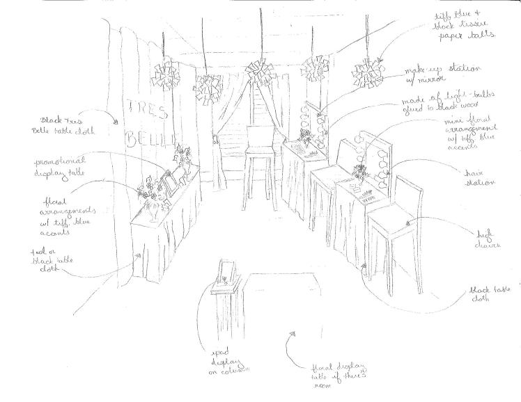 Sketch of Showroom 2 called “TBB Studios”, which is catered to display Tres Belle's services of Hair & Make-up, photography, and videography services.